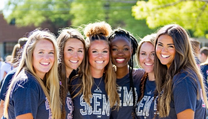 A group of smiling college-aged women wearing matching shirts